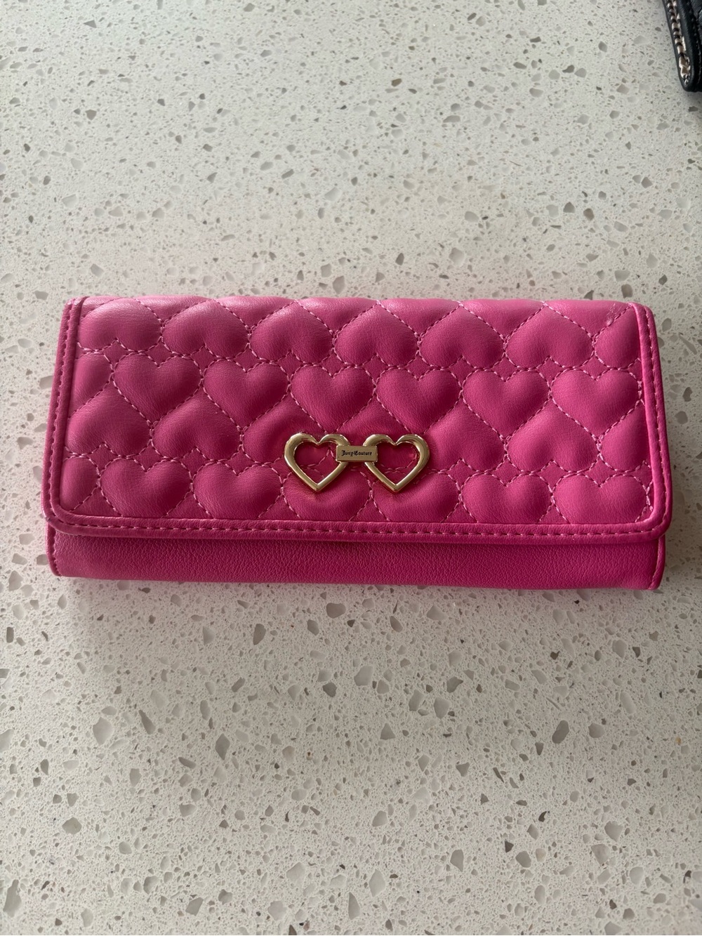 Bright Pink Juicy Couture Quilted Heart Wallet with Gold Double-Heart Accent